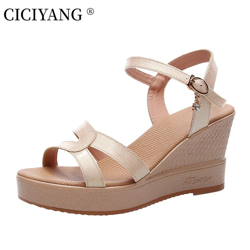 

CICIYANG Plus Size Wedges Sandals Women Summer 2024 New Cowhide Rome Sandals High Heel Open Toe Beach Shoes for Ladies Handmade