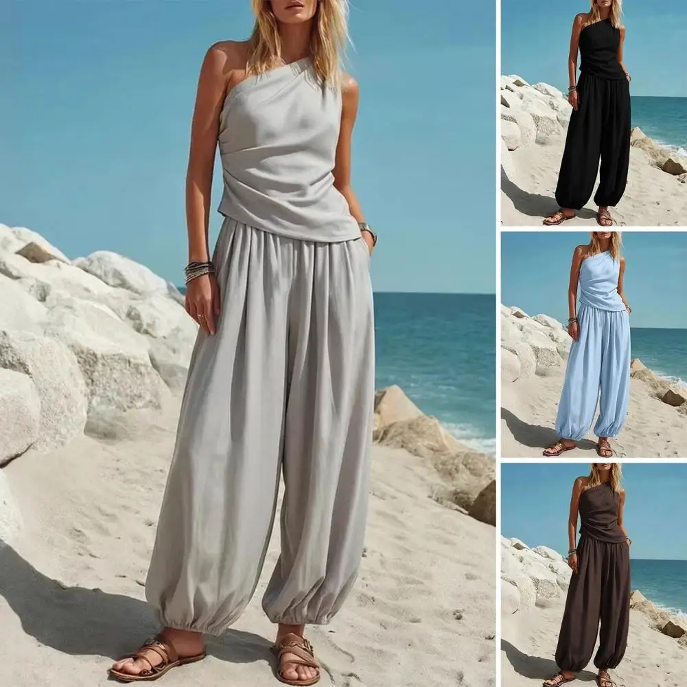 Women Tank Top Pants Two Piece Set Summer One-shoulder Shirt Solid Color Breathable Loose Casual Top Pants Suit