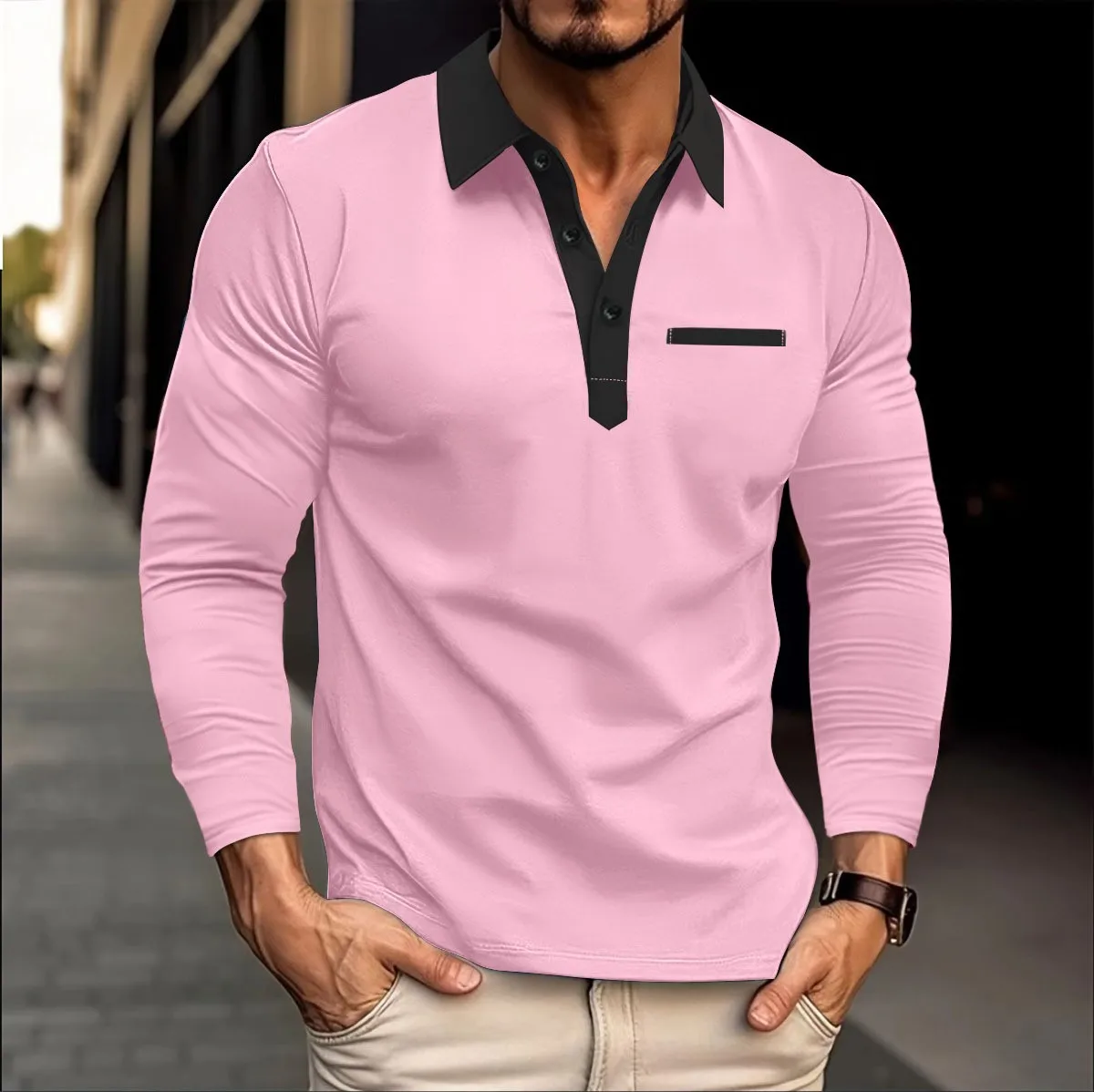 2024 spring and autumn new men\'s high quality solid color long sleeve outdoor sports shirt matching color Polo shirt