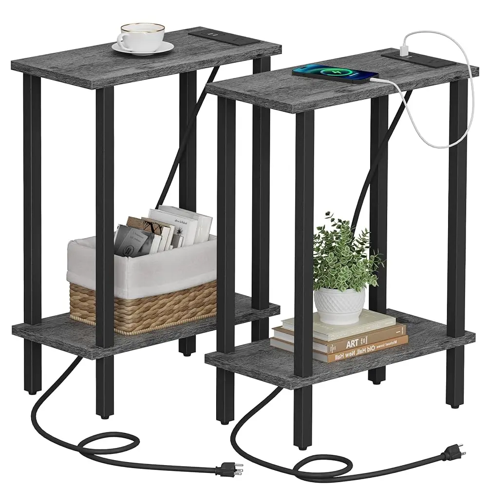 

Small End Table With Charging Station, Narrow Side Table With Usb Ports And Outlets, Set Of 2, Skinny Sofa Table, Slim