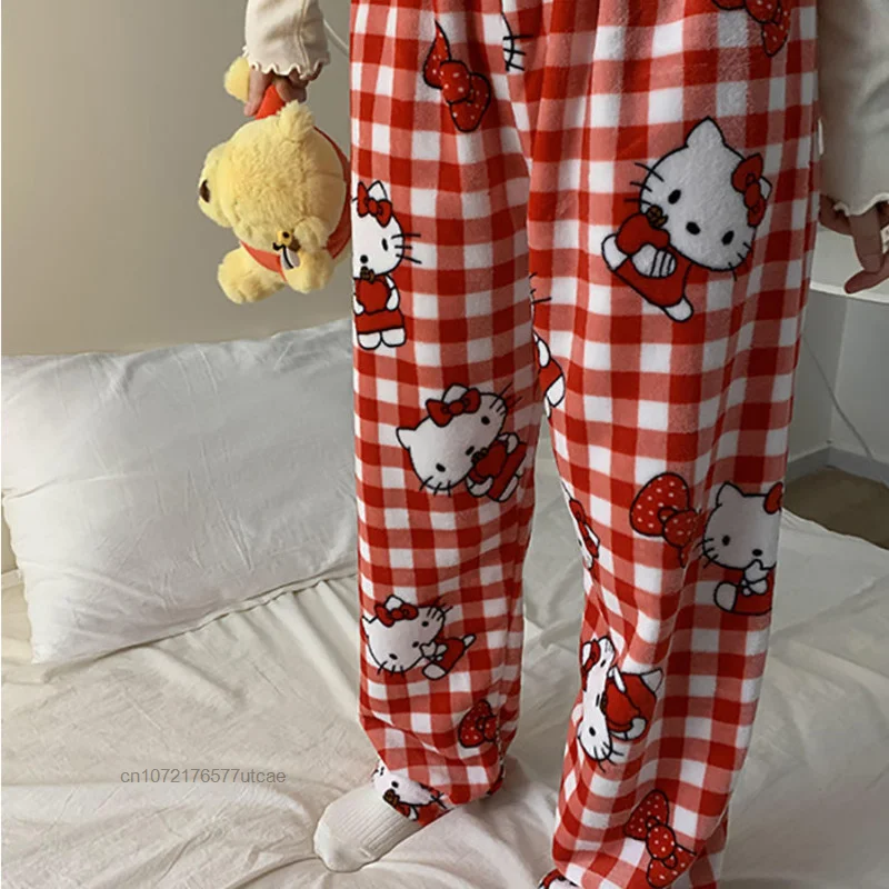 Sanrio Hello Kitty Flannel Pajamas for Women's Autumn And Winter New Coral Velvet Warm Casual Home Student Sleep Pajamas Pants