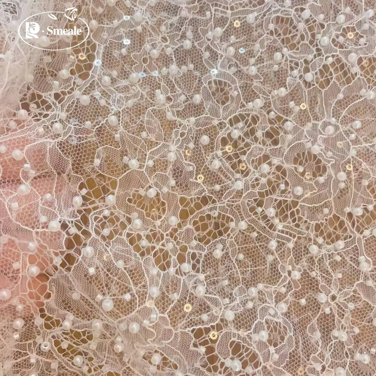 SMEALE Weiße Perlen Pailletten Spitzenstoff Luxuriöses Abendkleid Französische Spitze Braut Hochzeitsstoff. Stoffe zum Nähen. – Detail 6