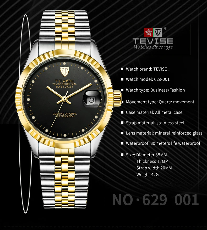 Orologio al quarzo TEVISE da uomo Orologio di lusso delle migliori marche con data Cinturino in acciaio inossidabile Orologio casual alla moda impermeabile