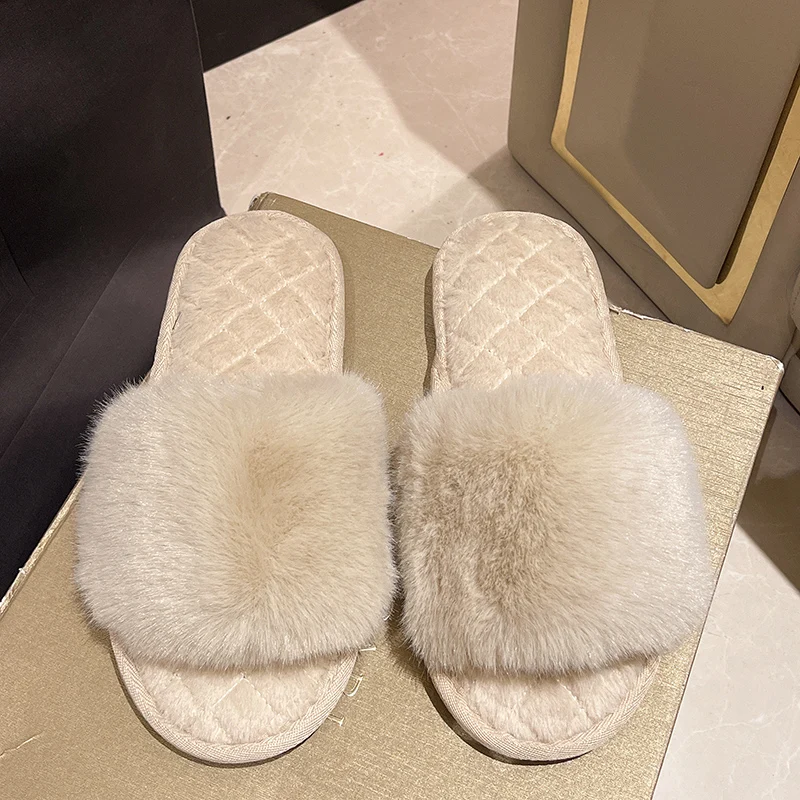 Casual Fluffy Slippers Women House Flat Warm Plush Designer Shoes Ladies Fashion Trend Winter Platform Footwear Elegant Open Toe