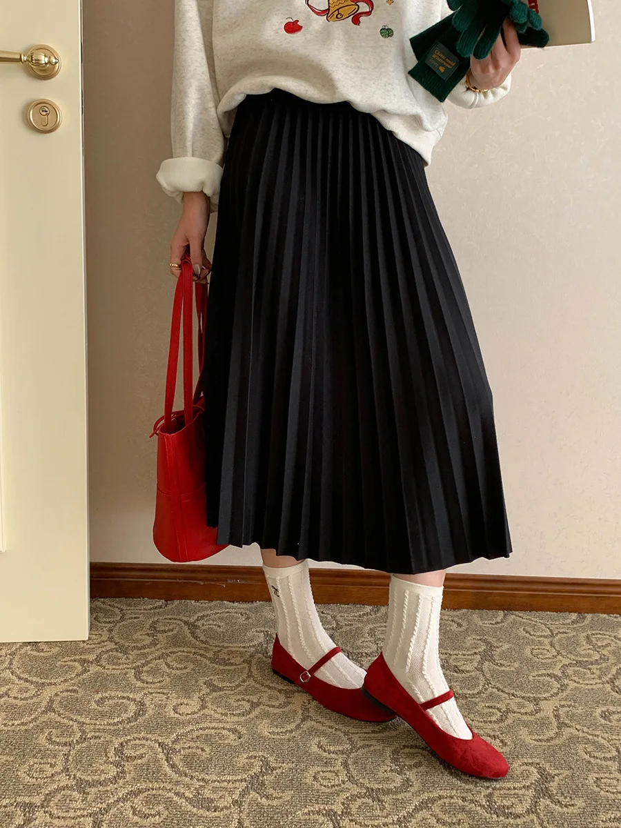 กระโปรงทรงเอพลีทจีบระบายเอวสูงทันสมัยสำหรับผู้หญิงในฤดูใบไม้ร่วงและฤดูหนาว กระโปรงยาวปานกลางอเนกประสงค์