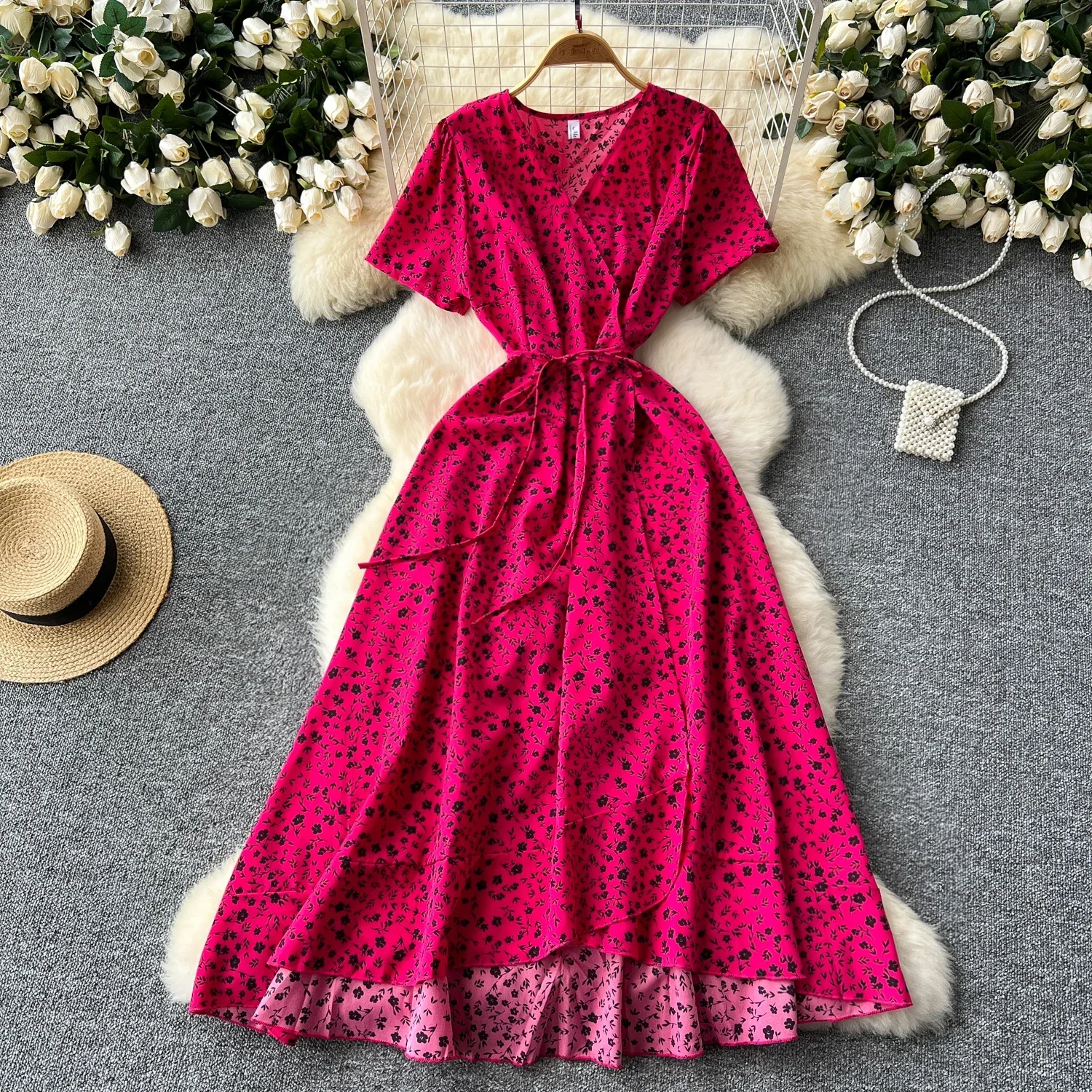Summer Beach Maxi Dress Women Floral Print Boho Long Dress Ruffles Wrap Casual V-Neck Split Sexy Party Dress Robe Femme