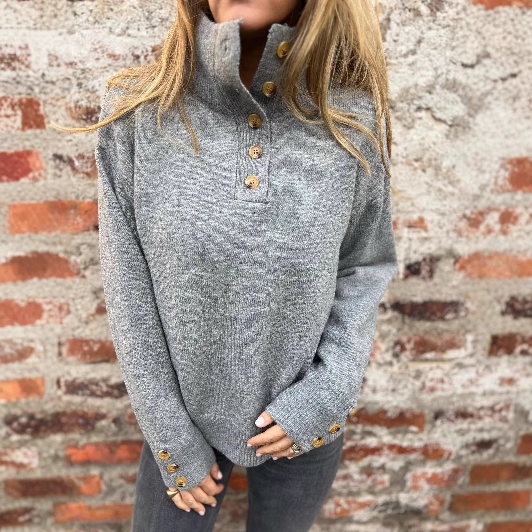 2026 Autumn and Winter New Stand-up Neck Knitted Sweater Solid Color Button Casual Loose Sweater Women 2
