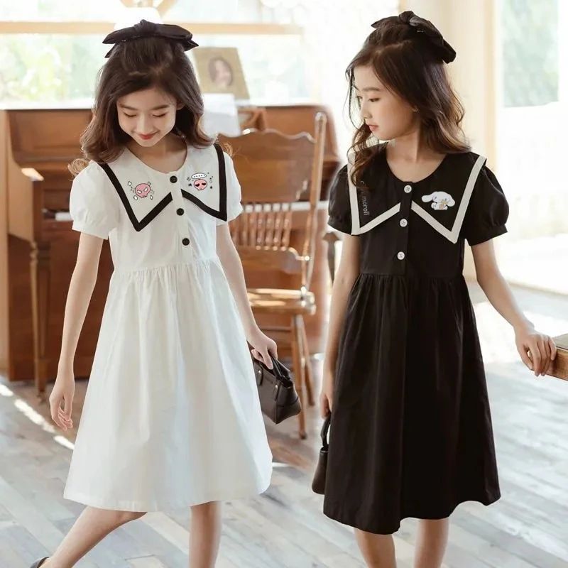 Kawaii Sanrio Kuromi Cinnamoroll Children Dresses Student Summer Short Sleeve Girls Princess Dress Birthday Party Evening Gowns