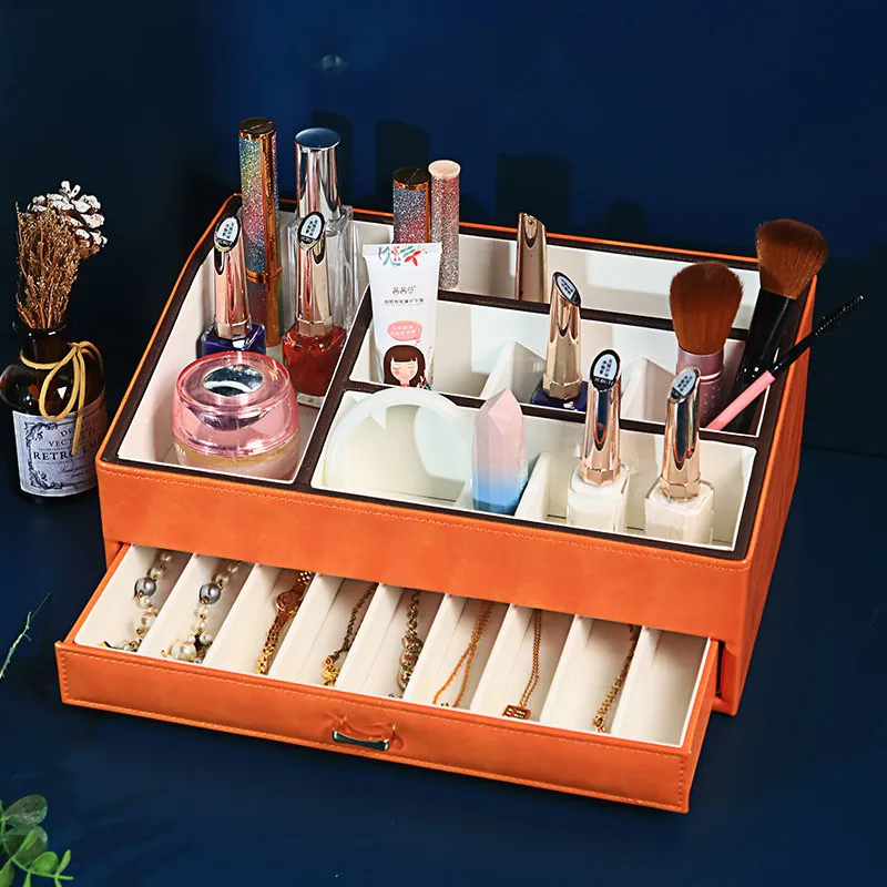 PU Leather Jewelry Box with Drawer Large Jewelry Storage Box Women Desktop Necklace Display Case Luxury Make-up Organizer Boxes