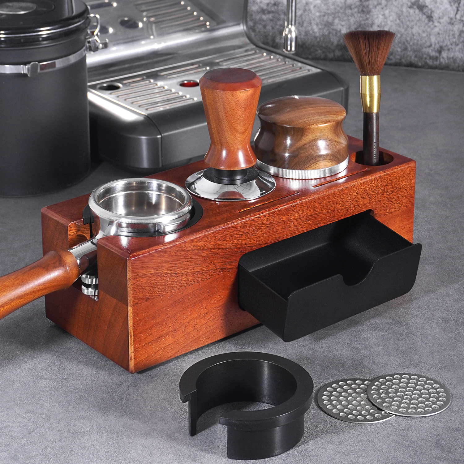 

BANLEE Wooden Coffee Tamper Station, Coffee Distributor, Portafilter, Holder with Magnetic Design Drawer, Coffee Tamper Holder