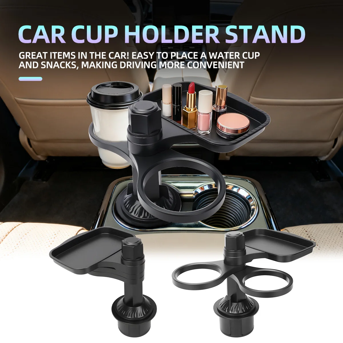 3in1 Detachable Car Cup Holder Tray-Expandable Food Table with 360° Rotating Design Sturdy Base for RV Long Trips Table Tray