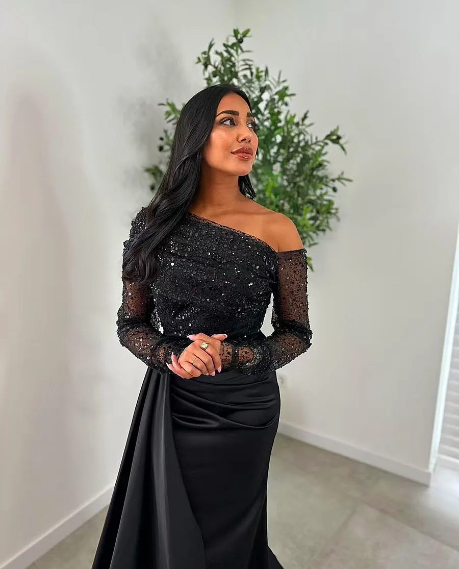 Satin Sequin Prom Gown Black Evening Dress One Shoulder Long Sleeves Illusion Sparkly Wedding Formal Party Dress Women Custom