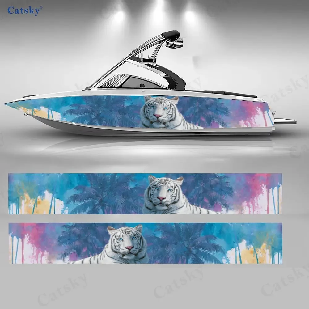 2Pcs Colorful splashed ink tiger Boat Stickers, PVC Waterproof Vinyl Wrap Decals for Fishing Boats, Durable and Stylish Design