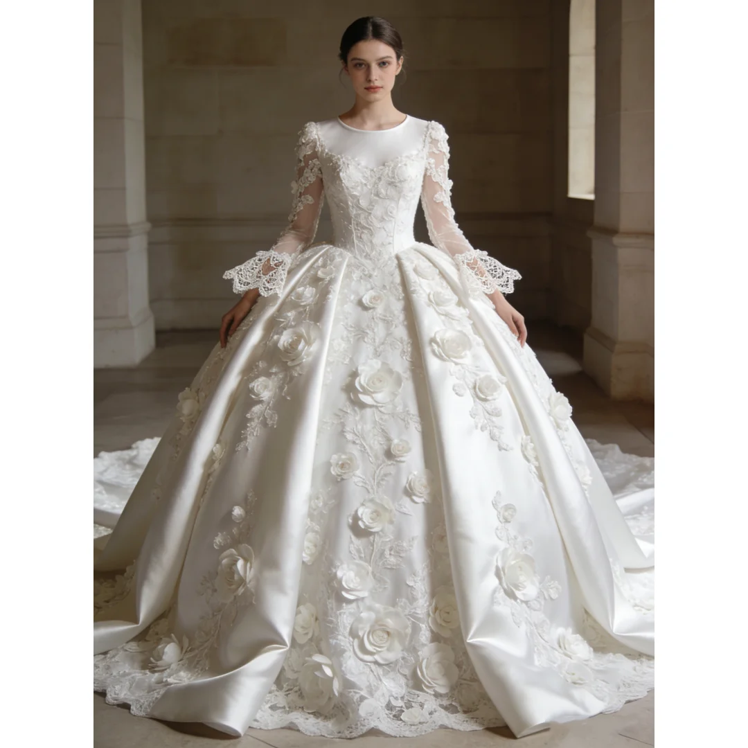 

Белое атласное свадебное платье принцессы на заказ, высококачественное, с круглым вырезом, длинными рукавами, кружевными цветами и пышной юбкой (Vestido De Novia)