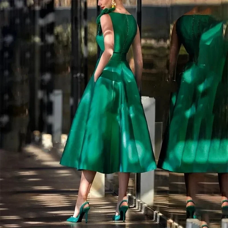 New Cocktail Dresses for Women Satin V-Neck Sleeveless with Flowers Tea-Length De Graduation Birthday Party Dinner Gowns Prom Te