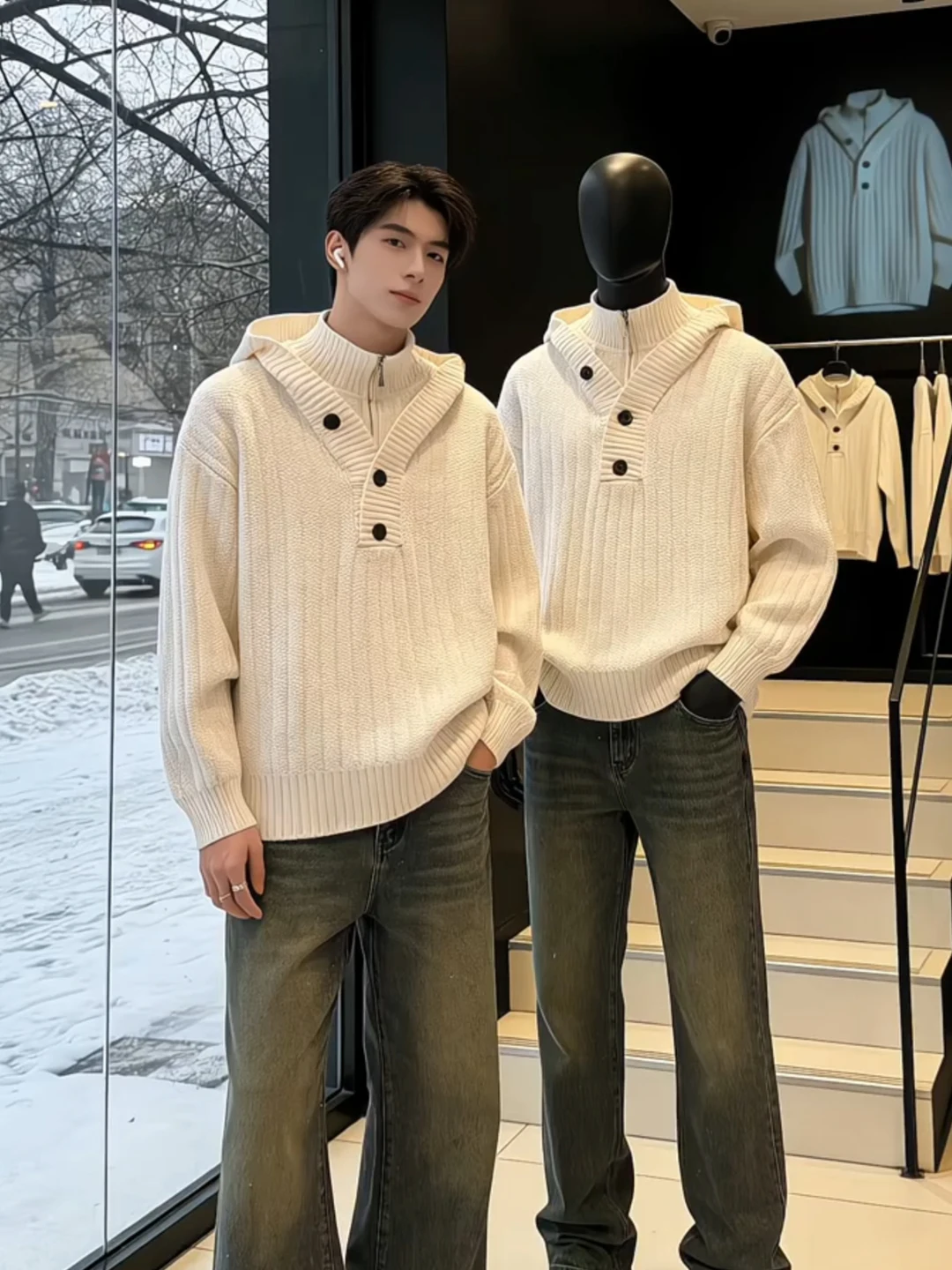 

Белый мужской вязаный свитер с высоким воротником на молнии, зимний дизайн, утепленная толстовка с капюшоном в корейском стиле, плотный вязаный свитер