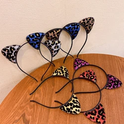 Glitter Cat Ears Headband para meninas e mulheres, faixa de cabelo com estampa leopardo, aros de metal, decoração diária