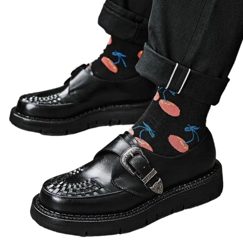 Round Head Derby Shoes for Men's Thick Soled Western Monk Shoes German Calf Leather Woven Upper and Hand-sewn Casual Shoes Male