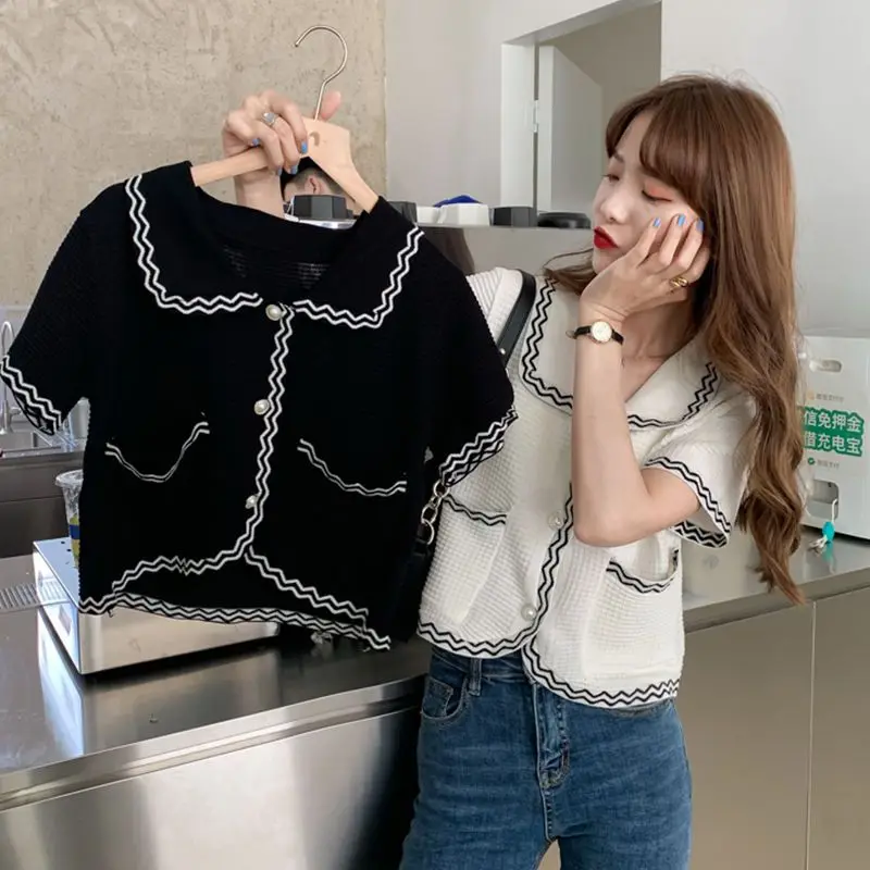 Vintage Tops Cardigan Girl Clothing Women Korean Style Harajuku Short Sleeve Casual Chic Striped Turn Down Collar Elegant Tee