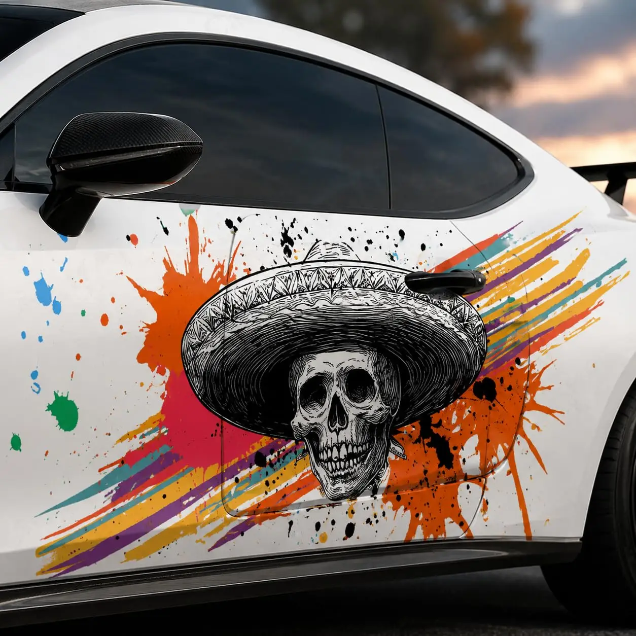 2pcs Skull Sombrero Car Side Vinyl Wrap Decal, Colorful Splatter