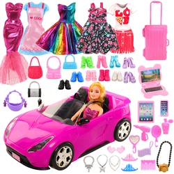 Car For Barbie Doll 43 Piece Set -1 Rose Red Car + Doll Clothes+ Laptop Computer Cellphone 3-Piece Set+  Suitcase Backpack