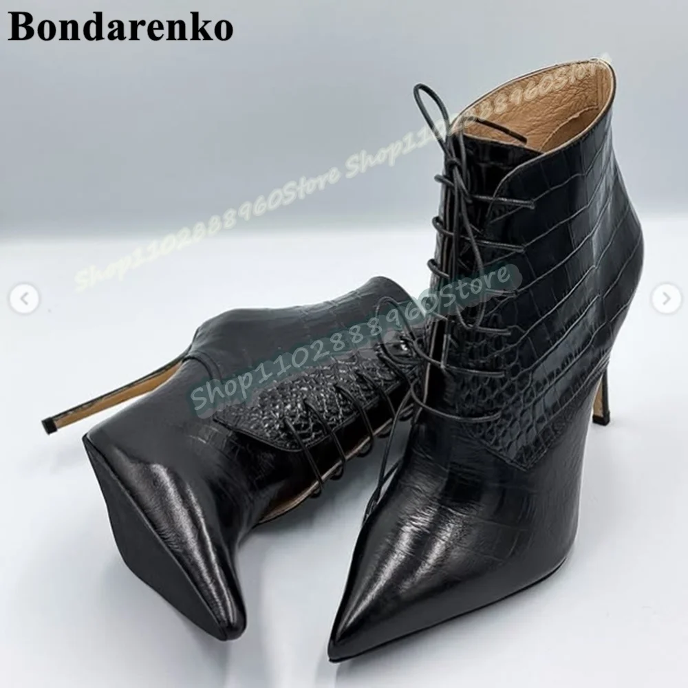 

Sexy Black Crocodile Leather Pointy Pumps Stilettos High Heel Shoes For Women Cross Tied Pointed Toe Casual Zapatos Para Mujer