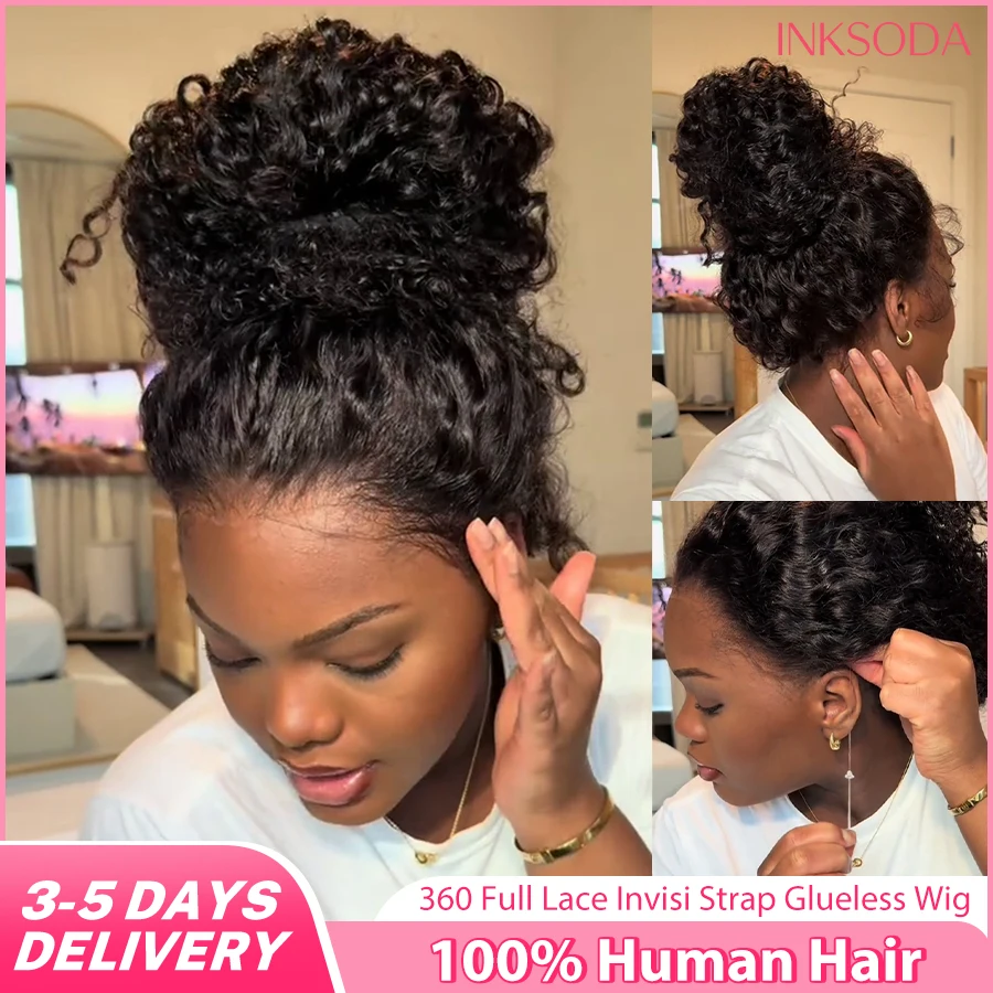 

Deep Wave Invisi Strap 360 HD Lace Front Wig Human Hair Curly 360 Full Lace Wig Drawstring Snug Fit Wig Human Hair 30 40 Inches