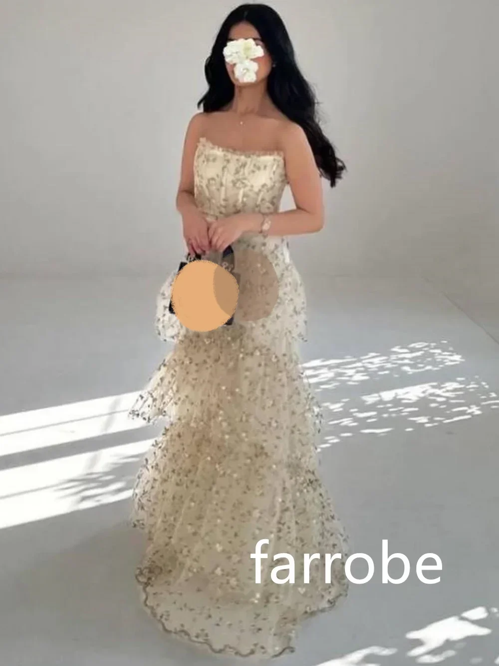 Customized Tulle Applique Tiered Draped Formal Evening A-line Strapless Bespoke Occasion Gown Midi Dresses