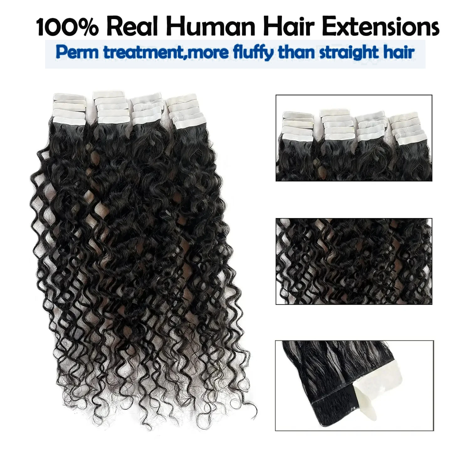 Extensions de cheveux humains brésiliens Deep Wave Tape-in, cheveux bouclés, tête complète, sans couture, document naturel # 1B, PU