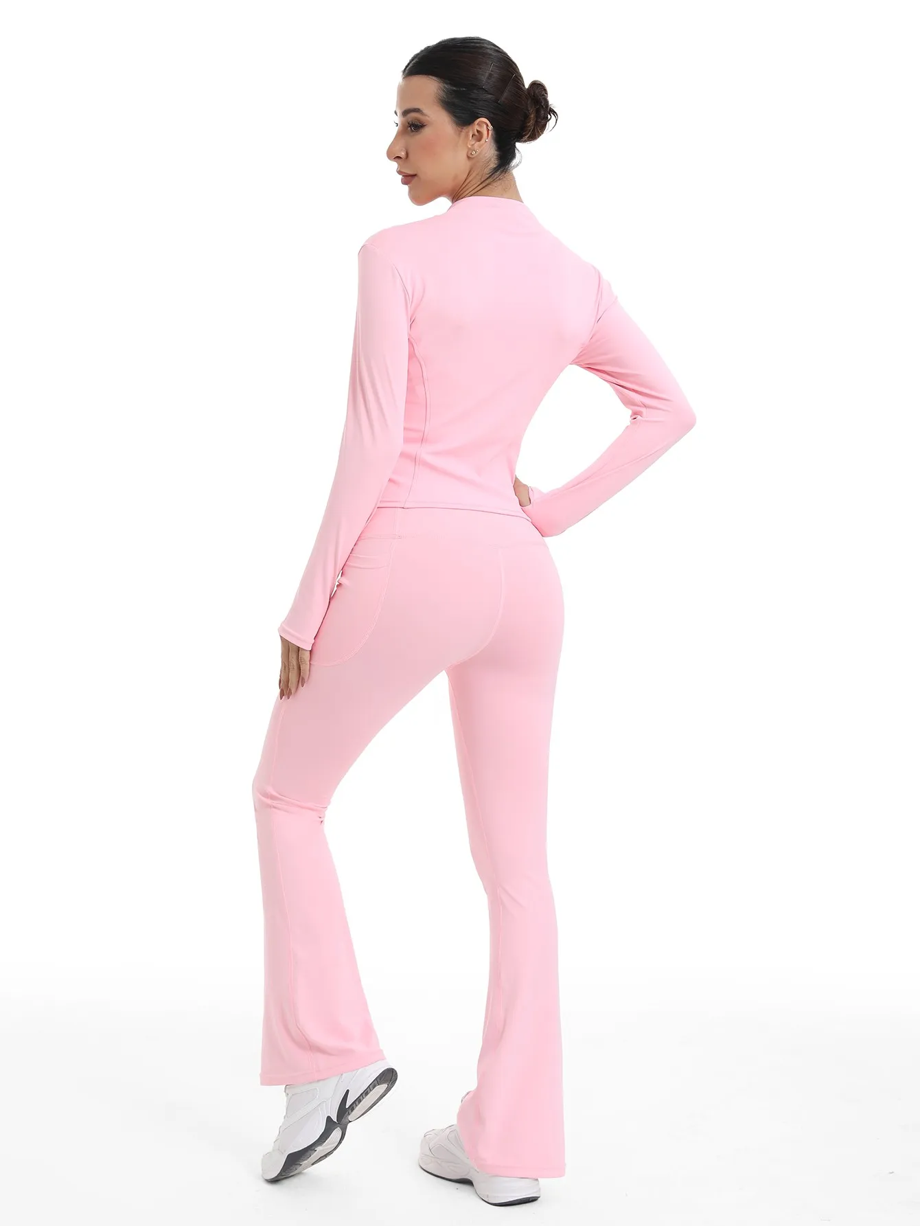 Fitfemme Spring 2Pcs Women's Casual Bell Bottoms Yoga Sport Suit With Pockets High Waist Legging Jacket Running Pants image 6