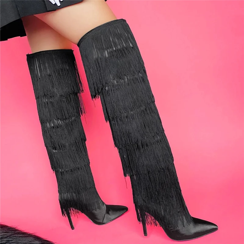 

Women Fringe Over The Knee Boot Sexy Pointed Toe Stiletto High Heel Long Boots Fashion Ladies Satin Tassel Boots Runway Shoes