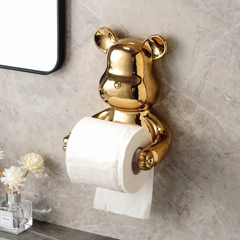 Luxury Bear Roll Paper Holder Household Toilet Face Towel Toilet Perforation-free Hanging Wall Waterproof Storage Tissue Box