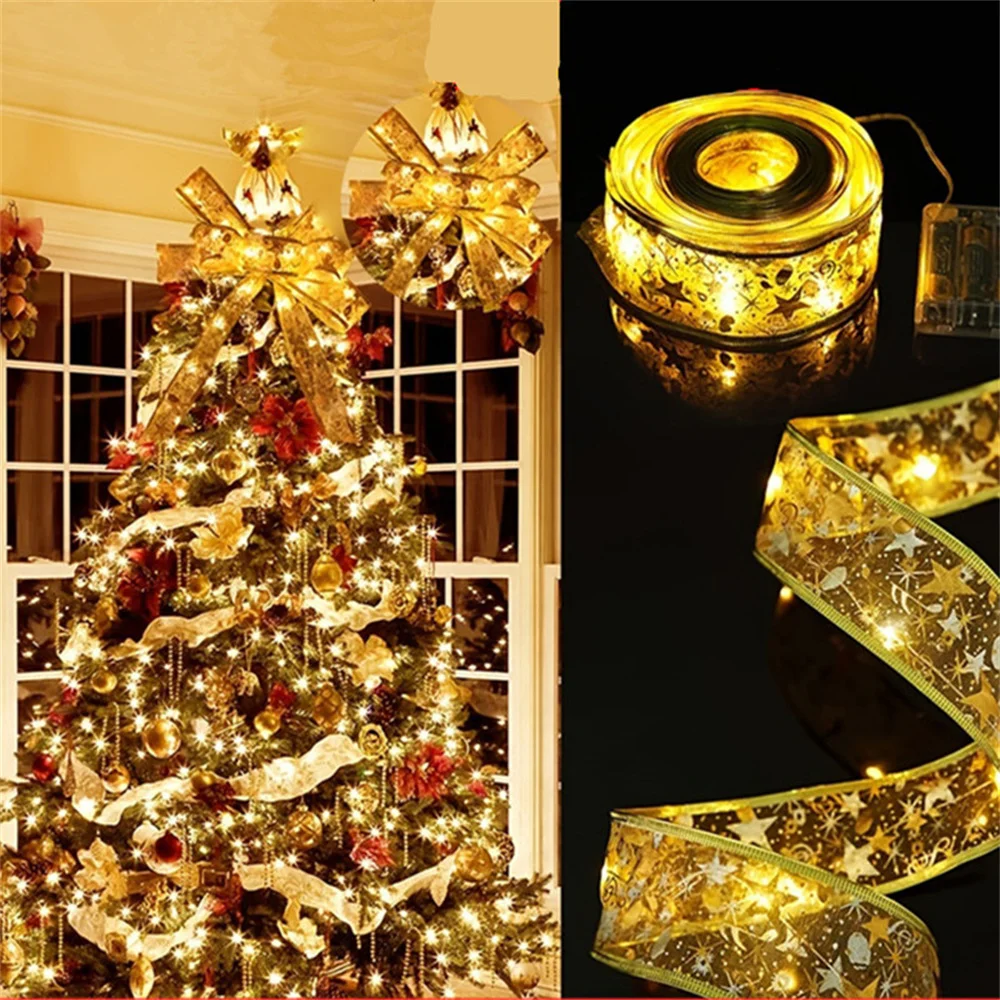 Indoor String Lights Battery Operated Christmas Ribbon with Lights Christmas Tree Accessories Decoration for Christmas New Year