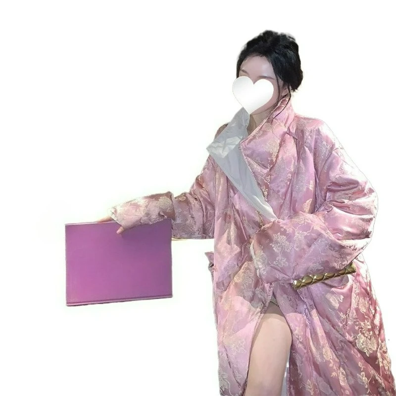

Pink Rose Brocade Feather Autumn and Winter Fashion New Chinese Style Elegant Loose Printed Mid-length Cotton Jacket