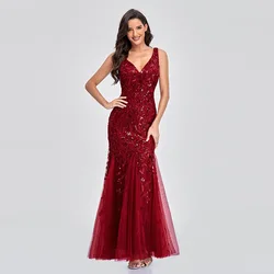 Women's Red Sleeveless V-neck Backless Long Dress Embroidered Beaded Prom Dress Slim Fishtail Evening dresses