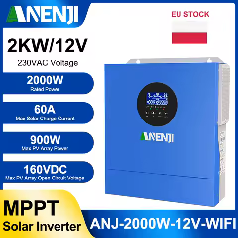 ANENJI 2KW 12V Hybrid Solar Inverter 230VAC Off Grid Pure Sine Wave MPPT 60A Solar Charger Controller With WIFI for Solar Panel