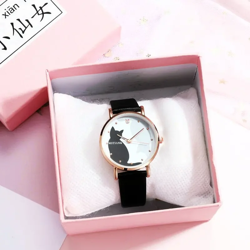 Cute Cartoon Cat Women Watch Students Korean Style Simple Belt Quartz Women Watch Leather Strap No Bracelet or Box Relogio Mujer