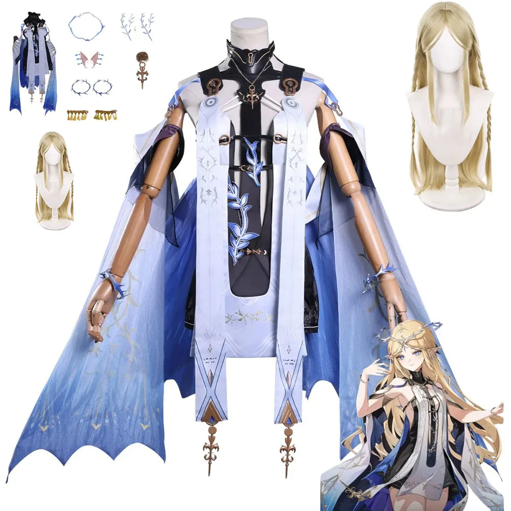 

Аниме игра Wuthering Waves Rinascita Cartethyia косплей костюм шаль головные уборы синее платье парик женщина сексуальный бал в маске платье