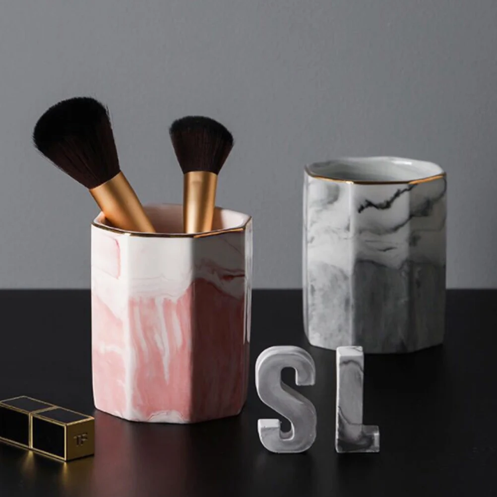 

1Pcs Nordic Style Ceramic Storage Cup Marble Pattern Organizer Pen Holder Lightweight Grey Gold Rim