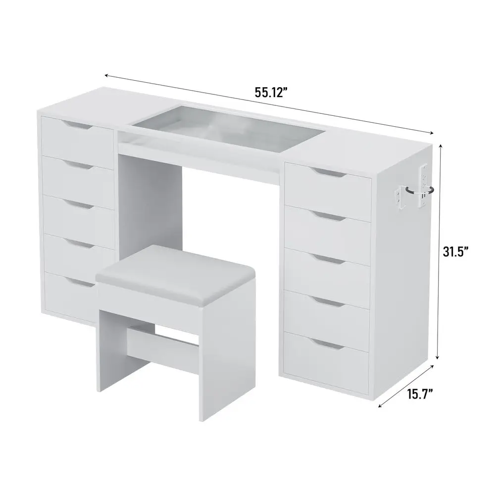 Vanity Desk Without Mirror, 10Drawer Glass Top Makeup Vanity with SlideOut Tray amp Charging Station, Vanity Set with Stool, fo