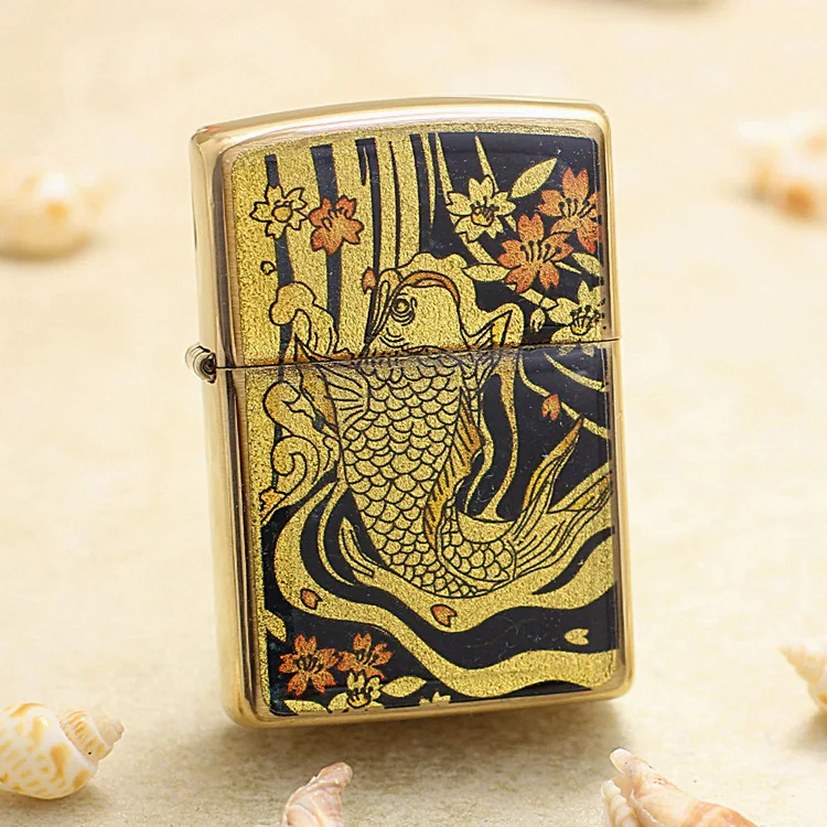 

Genuine Zippo Golden Leaf Carp oil lighter copper windproof cigarette Kerosene lighters Gift with anti-counterfeiting code