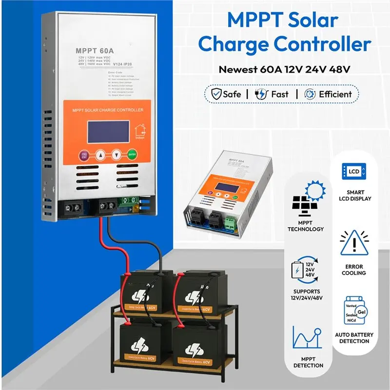 B47C Upgraded 60A MPPT Solar Charge Controller For Lead-Acid Battery 12V 24V 48V Solar Charge Controller For Lithium Battery