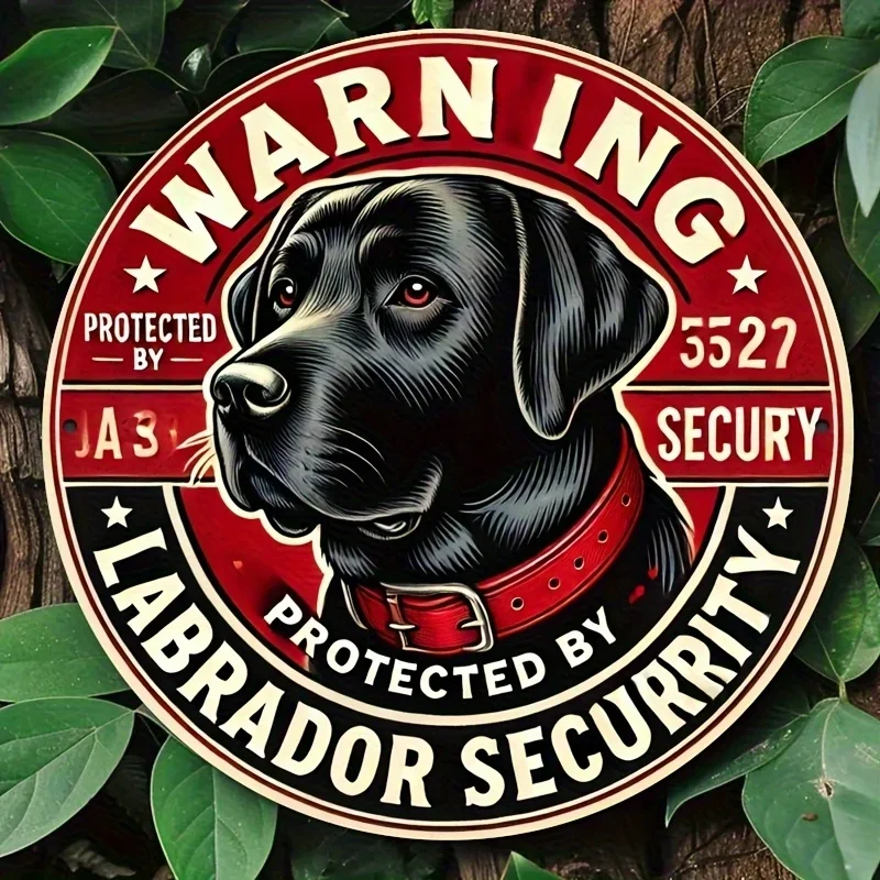 Warning Protected By Labrador Security Round Metal Tin Sign, 1pc 2D Flat Retro Black Lab Dog Warning Wall Plaque, 20cm Gate Back