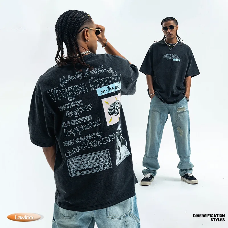 

Американские винтажные футболки унисекс с коротким рукавом, плотность 300 г/м², свободный крой, универсальные топы для мужчин и женщин