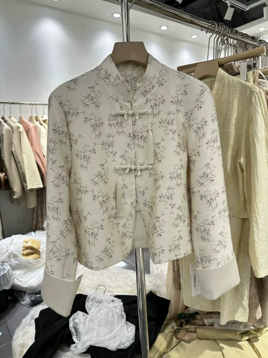 

New Chinese Style Small Fragrance Open Cardigan Spring 2026 Bamboo Print Long Sleeve Jacket Stand Collar Button Embellished