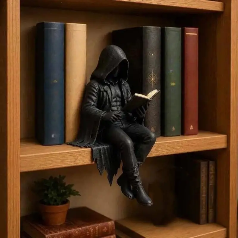 Resin Grim Reaper Figurine Black Hooded Design Reading Skull Statue Gothic Style Halloween Desktop Table Home Decor Accessory