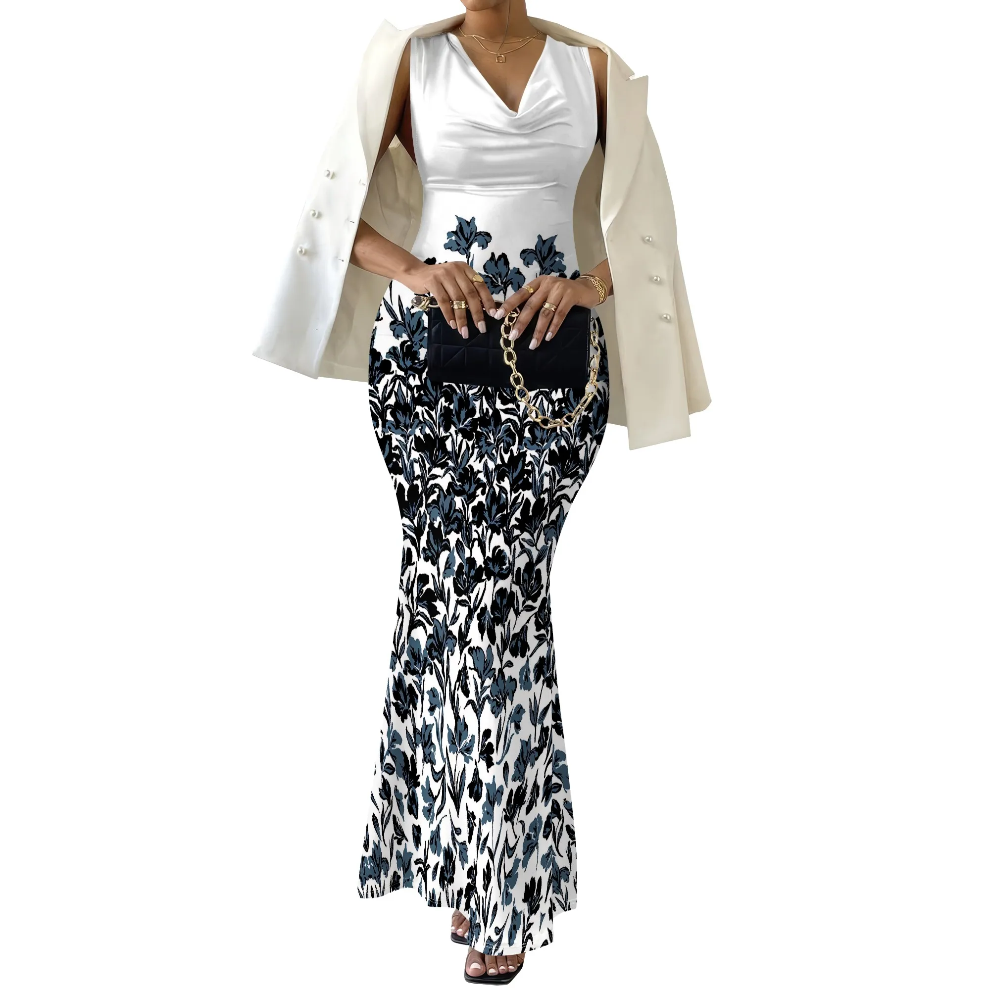 ผู้หญิงคอวีแขนกุด Maxi Dress สีม่วง Sketch พิมพ์ลายดอกไม้ Elegant Bodycon ชุดปาร์ตี้ฤดูร้อน