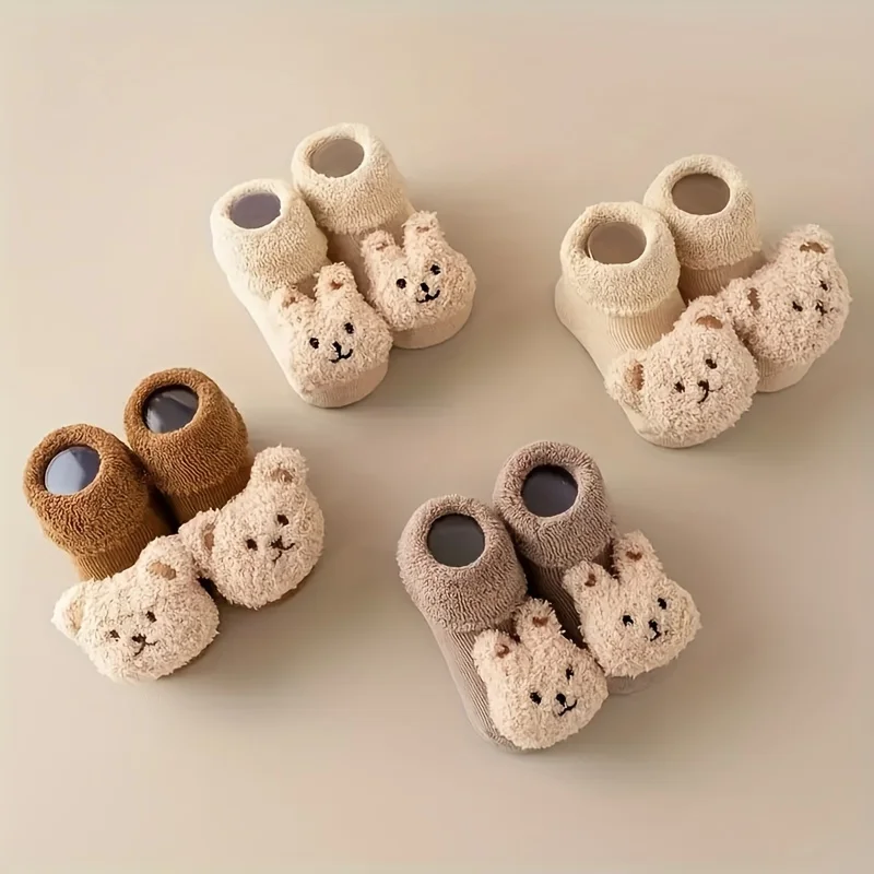 4 Pairs Baby Cartoon Bear Toddler Socks, Non-slip Bottom Cotton, Cute Autumn and Winter Warm Floor Socks for 0-3 Years Old Baby