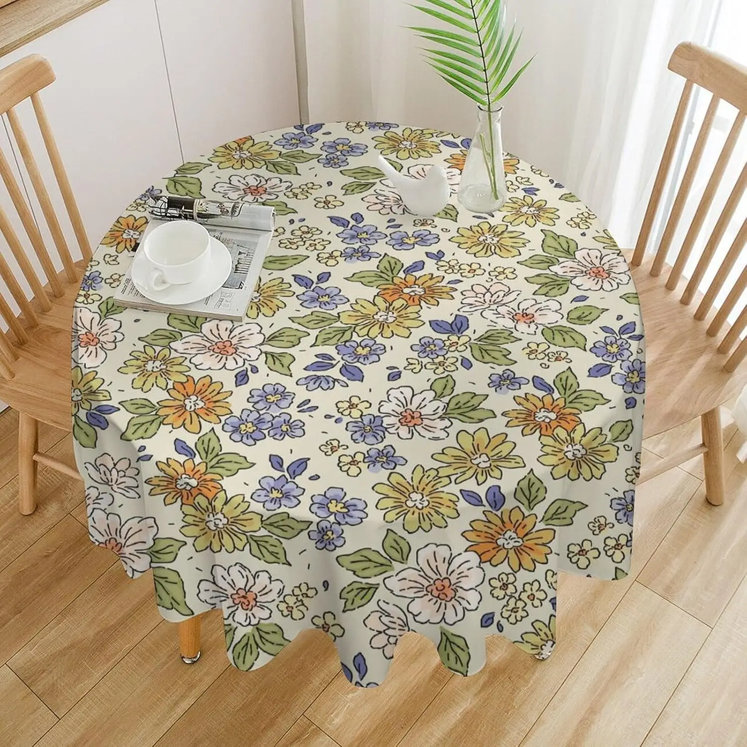 Rustic Flower Tablecloth Round Vintage Floral Mid Century Style Waterproof Table Cover for Kitchen Holiday Party Picnic Dinner