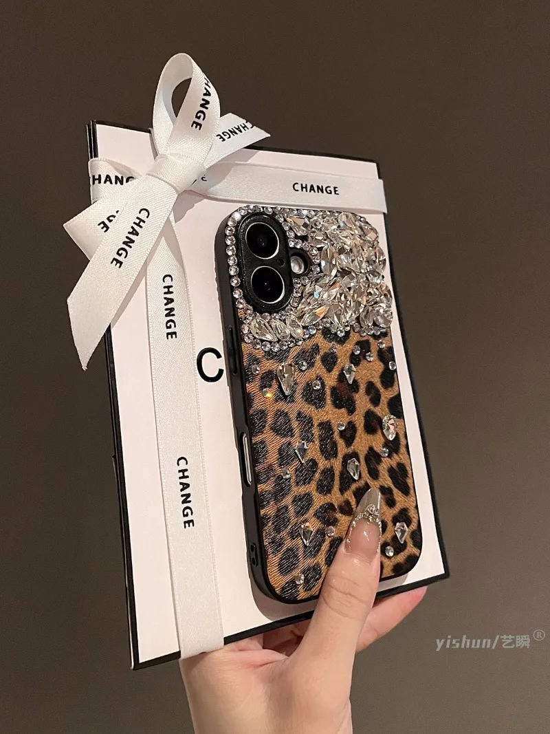 New Suitable for iPhone 16Plus Phone Case 15promax Brown Leopard Print 14pro Rhinestone 13 All Inclusive 12 11 Protective Cover